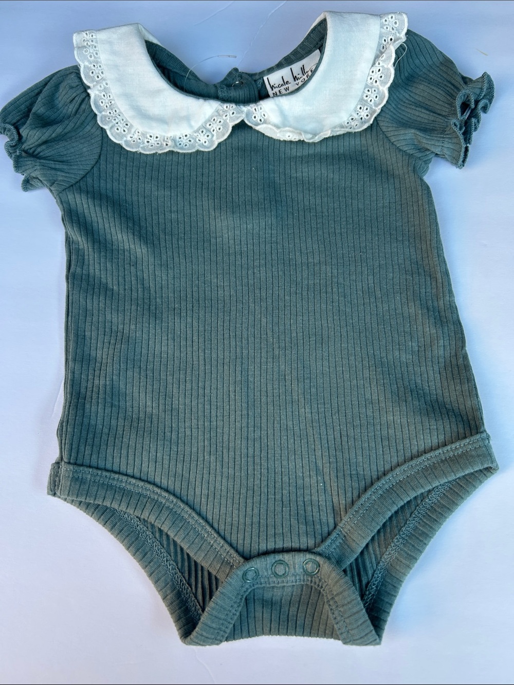 Nicole Miller Ribbed Teal Green Baby One-Piece with White Eyelet Collar NWOT